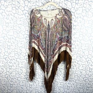 Chico’s colorful paisley Suede fringed Poncho OS